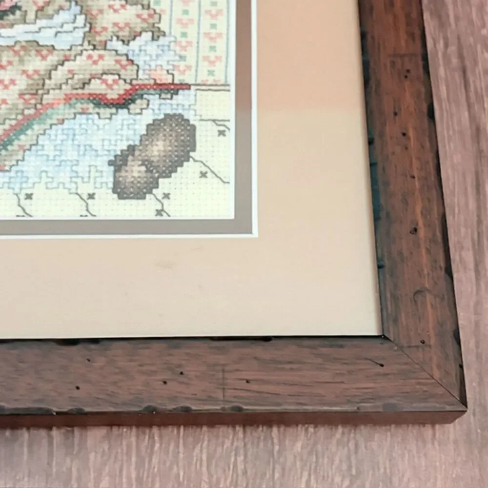 Framed Antique Doll Counted Cross Stitch Rustic Wood Frame 16x12 Handmade